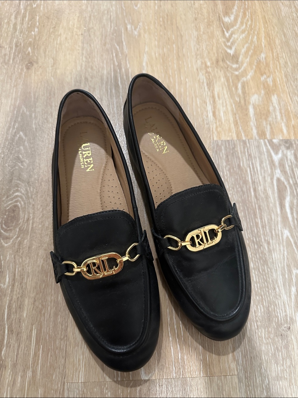 Lauren Ralph Lauren Black Leather Loafers with Gold Chain